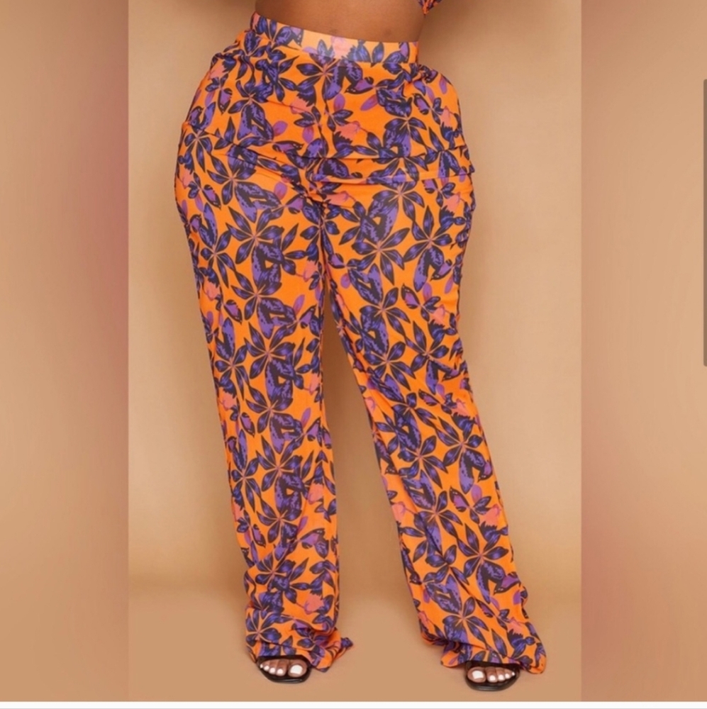 PrettyLittleThing Orange Floral Print Women's Beach Pant Flares